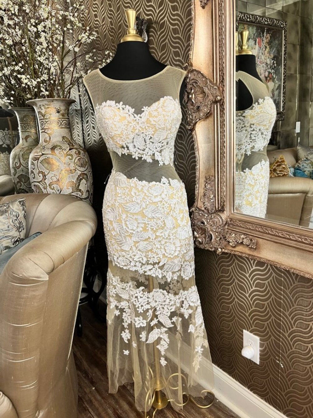 Madison James 15-104 white floral lace appliqué over a nude tulle silhouette